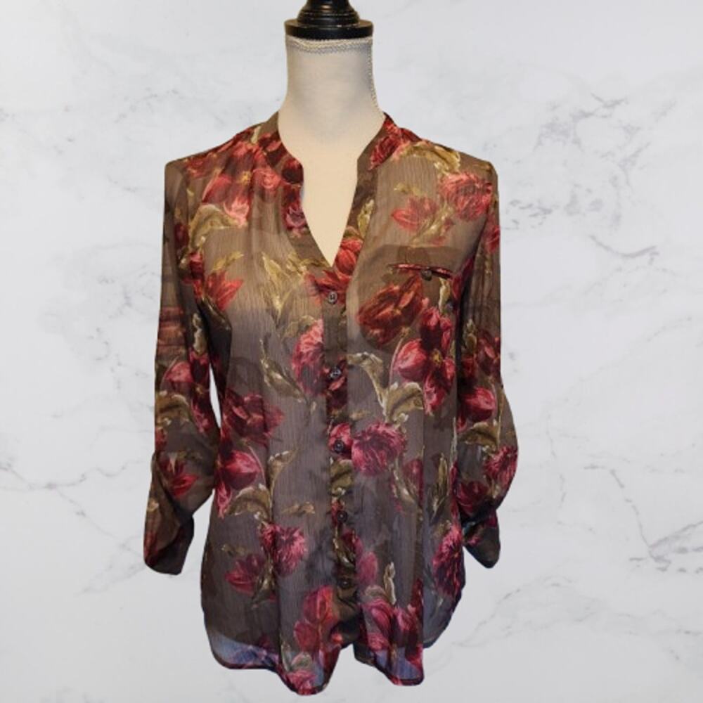 Kut from the Kloth Green Burgundy Floral Top Button Up Sheer